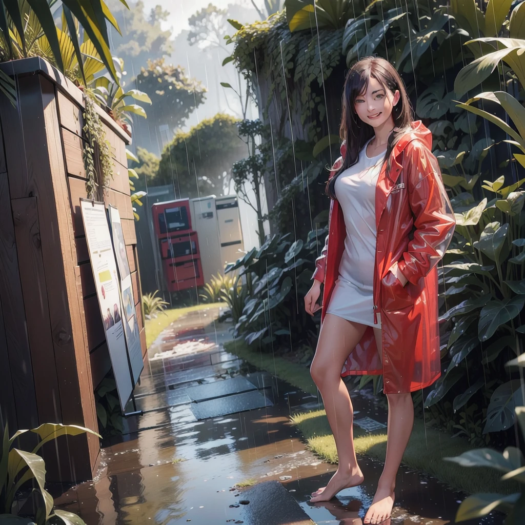 (best quality, masterpiece), a girl, deep rain forest, raining, backpack, sun, standing, (office suite, clear rain coat, smile, ready to fight, red jacket, bare foot, full body)