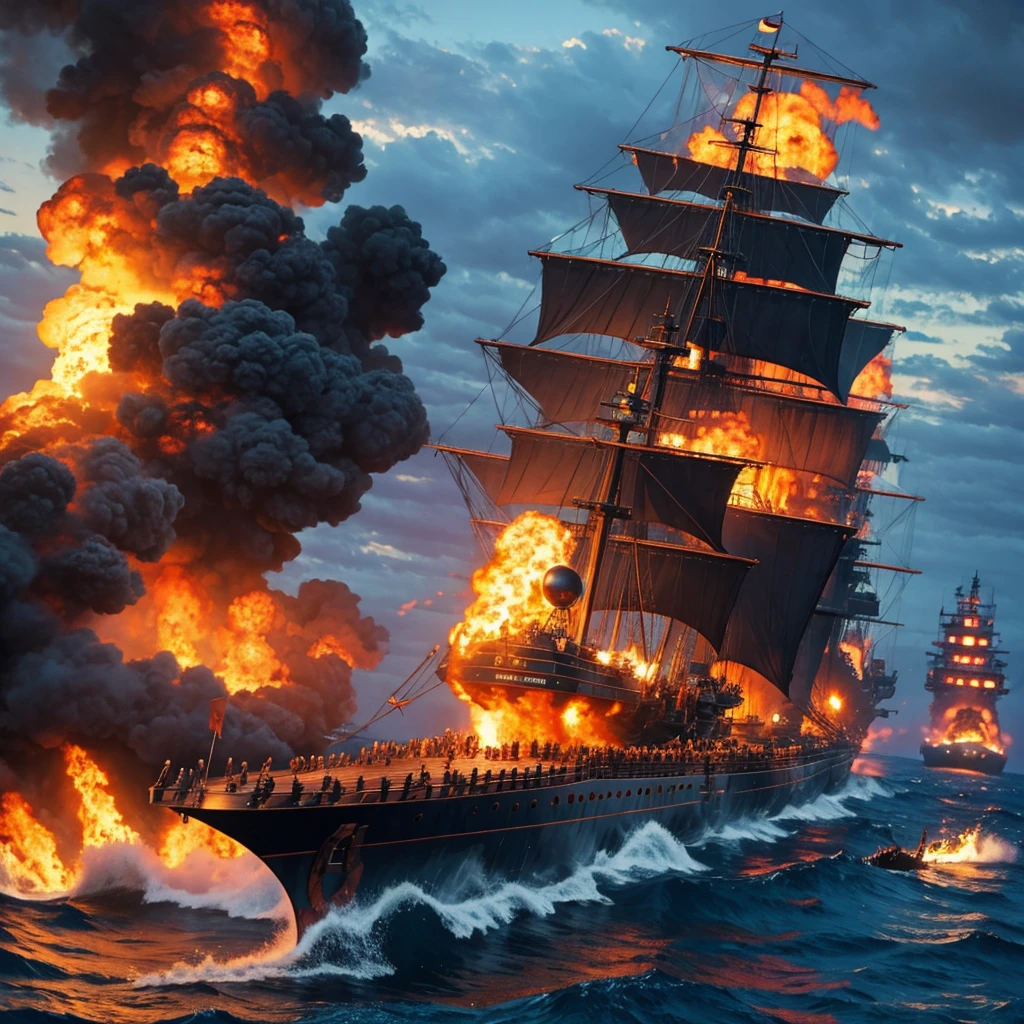 Masterpiece, best quality, ultra detailed, pirate war,sea, battleship,