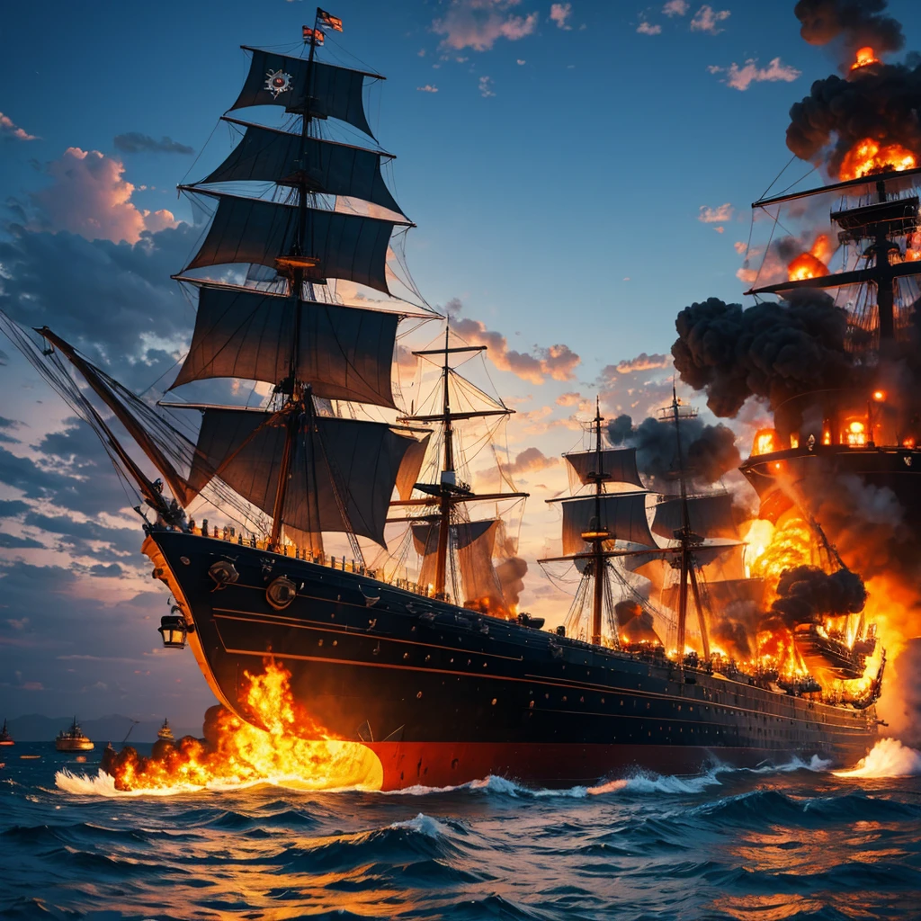 Masterpiece, best quality, ultra detailed, pirate war,sea, battleship,