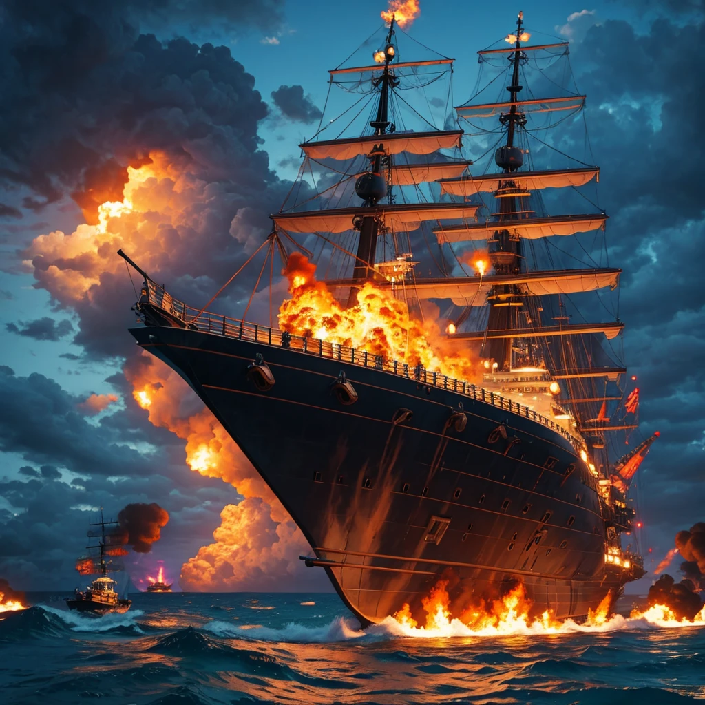 Masterpiece, best quality, ultra detailed, pirate war,sea, battleship,