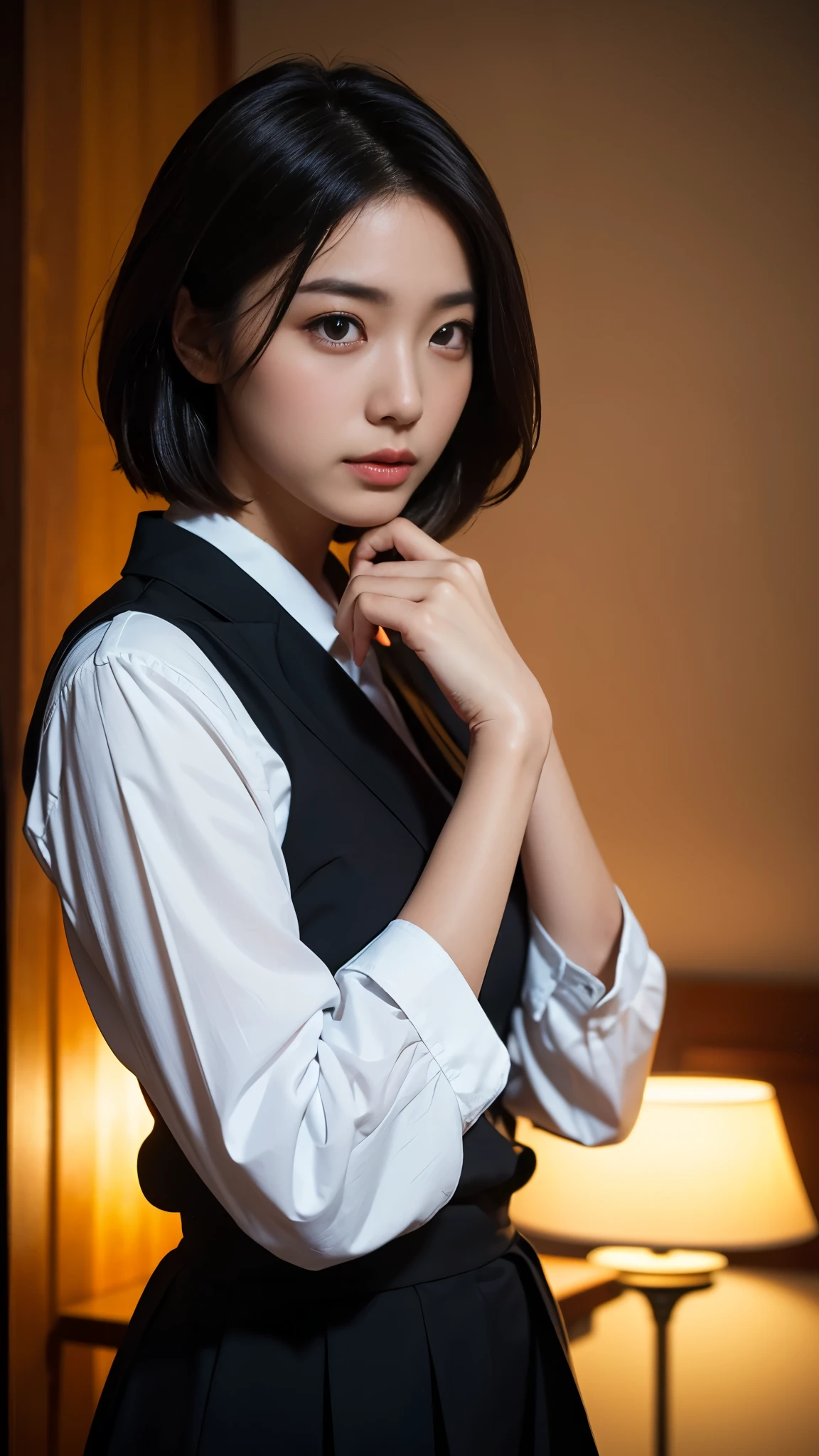 (Top Quality, Masterpiece:1.3, Ultra High Resolution,),(Highly Detailed, Caustics),(Photorealistic:1. 4, RAW Shooting,) Ultra Realistic Capture, High Definition, High Resolution 16K suitable for human skin, Natural Skin Texture, Skin tone looks even and healthy, Use natural light and color, Natural skin tone looks even and healthy Uniform and healthy looking, Using natural light and color, One woman, Japanese, Cute, Dark hair, Medium hair, (Depth of field, Chromatic aberration, Wide lighting range, Natural shading), (Night hotel interior lighting: 1. 4), (Hair blowing in wind: 1), Short hair, Outside split edge
