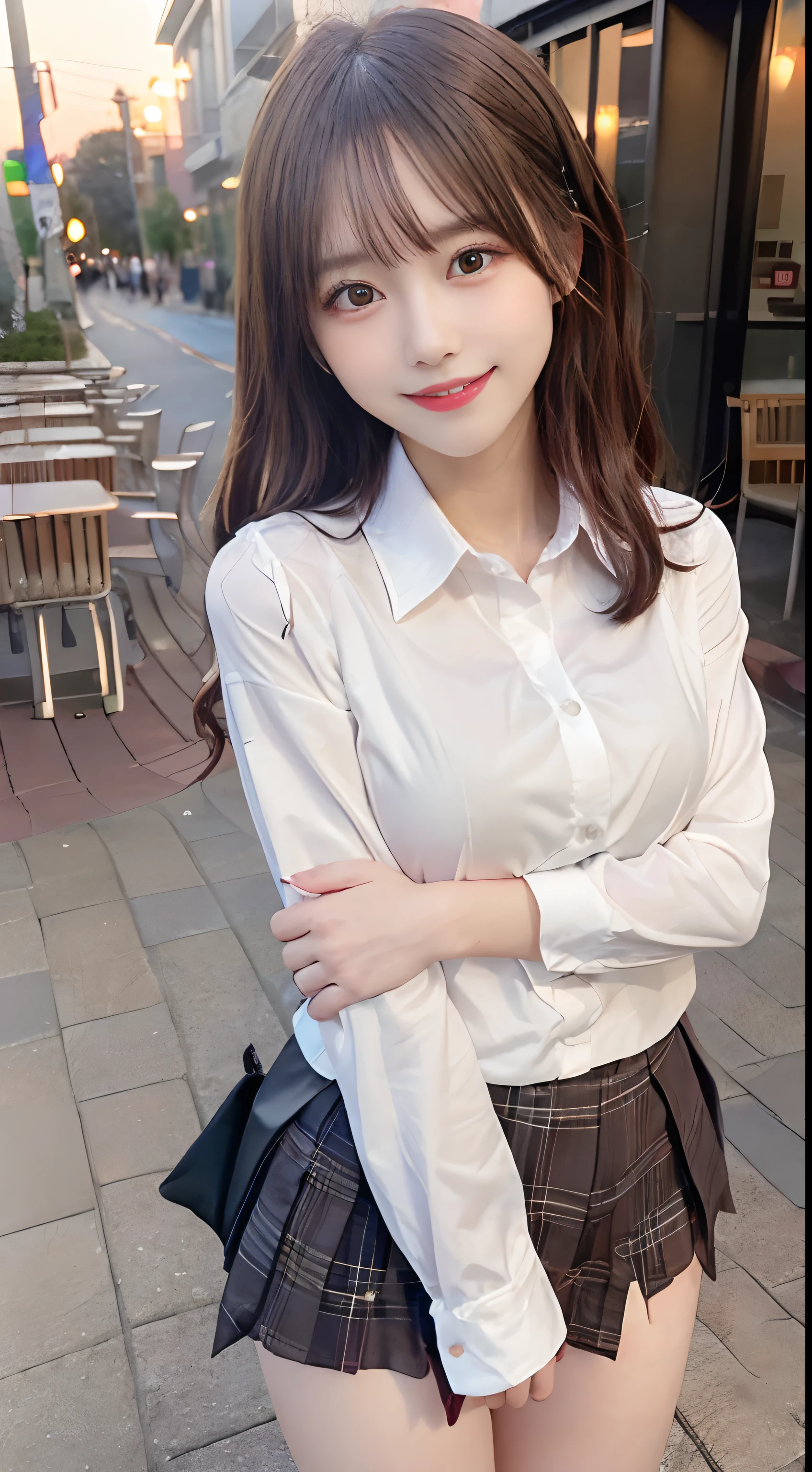 On the table, best quality,
Extremely detailed, Fine details, high resolution, 8k,
((Photorealistic:1.4, Original Photography, 超high resolution,Top image quality: 1.4)),
wallpaper,
((Perfect full body configuration 1.5)),
Beautiful and delicate eyes, Natural lipstick,
((平静的Smile:1.5)),
((Casual and cute hairstyle)),
((School Uniform Y-shirt:1.5,school uniform、Collared school shirt、Shirt open、Plaid skirt)),
((Random Breast Size,From large to medium、Cleavage:1.3)),
((Standing with open crotch:1.9,Raise your hands)),
((Breasts exposed、Look into the eyes、Moles on arms:0.9)),
((Peek from below)),
((Background in front of cafe at sunset、Ball Bokeh、Flare)),
((Smile)),
((((1 female:1.5))))
Very detailed and professional lighting、
((Smile:1.5))、
((Thighs exposed:1.5))