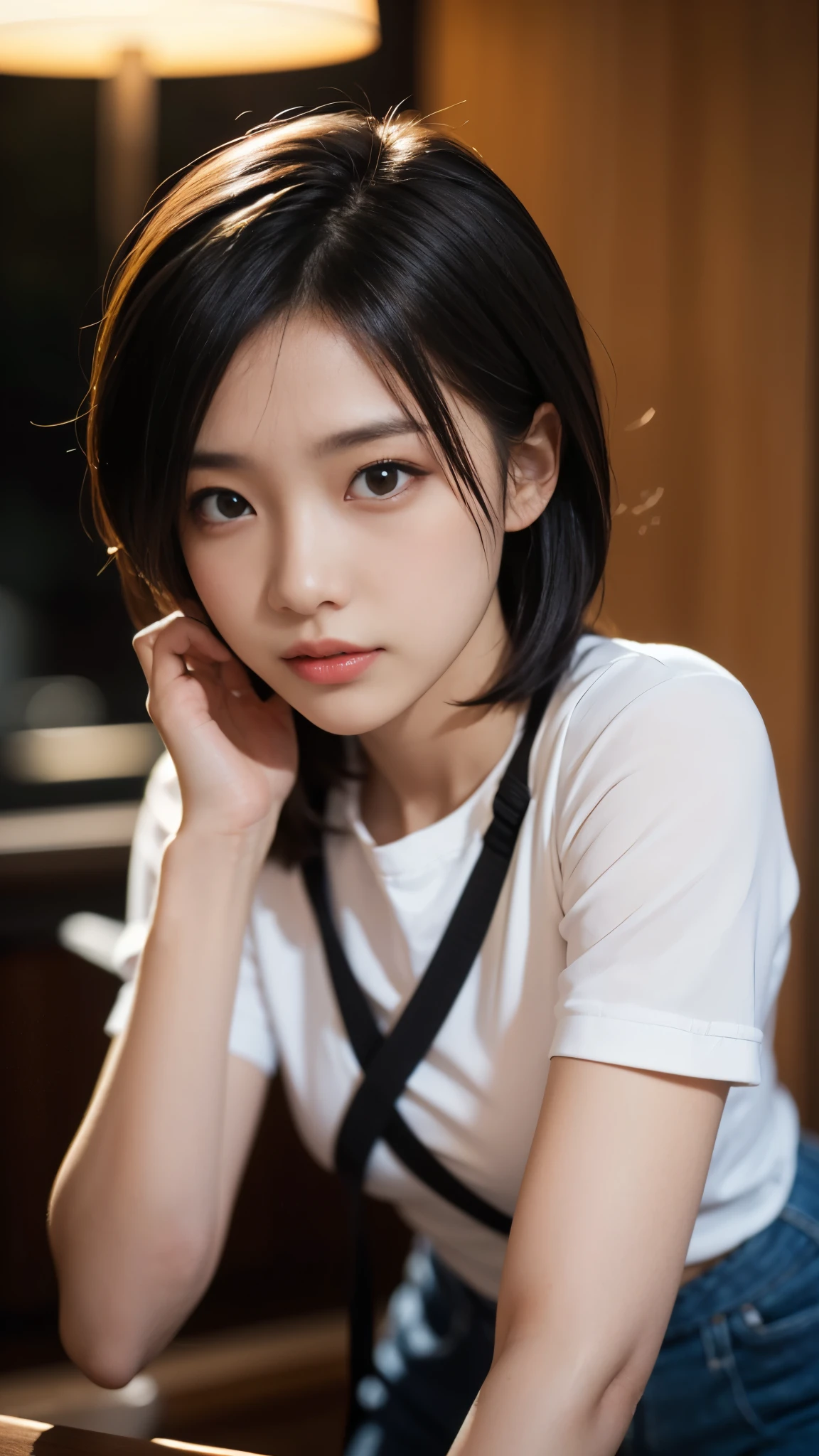 (Top Quality, Masterpiece:1.3, Ultra High Resolution,),(Highly Detailed, Caustics),(Photorealistic:1. 4, RAW Shooting,) Ultra Realistic Capture, High Definition, High Resolution 16K suitable for human skin, Natural Skin Texture, Skin tone looks even and healthy, Use natural light and color, Natural skin tone looks even and healthy Uniform and healthy looking, Using natural light and color, One woman, Japanese, Cute, Dark hair, Medium hair, (Depth of field, Chromatic aberration, Wide lighting range, Natural shading), (Night hotel interior lighting: 1. 4), (Hair blowing in wind: 1), Short hair, Outside split edge