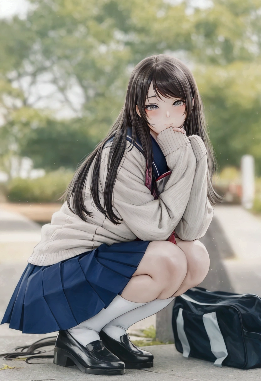 manga style, black and white, arafed woman in a school uniform crouches down on a sidewalk, anime girl in real life, beautiful anime high school girl, japanese school uniform, japanese girl school uniform, anime girl cosplay, wearing japanese school uniform, attractive anime girl, the anime girl is crouching, realistic young gravure idol, young pretty gravure idol, portrait of a japanese teen