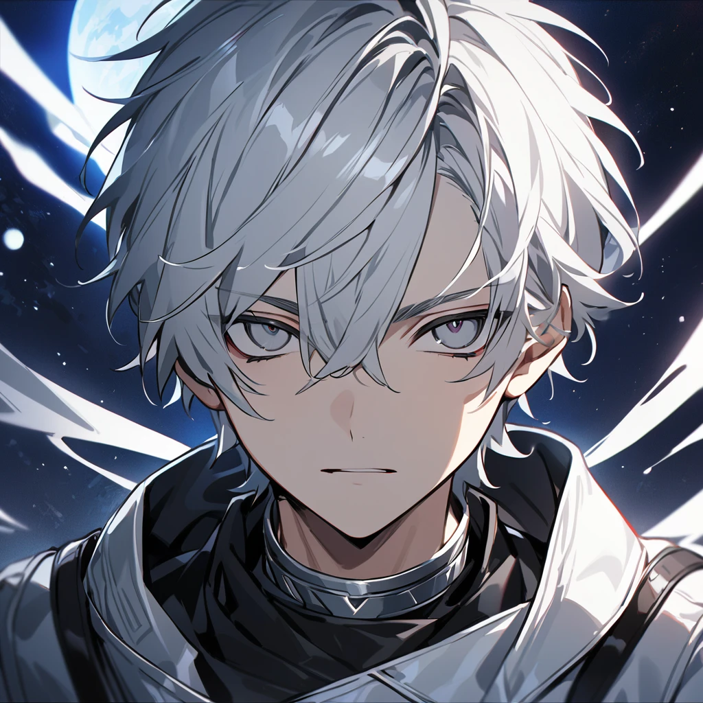 High quality, HD, 4k, no shadows, handsome male, 1male, , teenager, shwhite hair, silver hair, white hair, sharp eyes, darl grey colored eyes, deep grey eyes, grey eyes, devil may cry, close up, calm expression, stoic expression, black leather clothes, white leather clothing, lean body, well trained body, upper body, looking at viewer, cowboy shot, white solar, space background