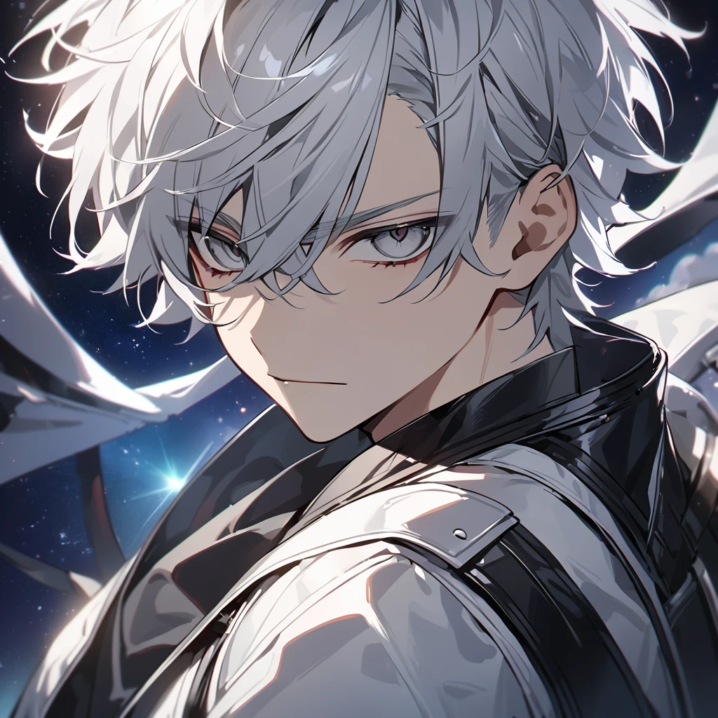 High quality, HD, 4k, no shadows, handsome male, 1male, 17 years old, teenager, short white hair, silver hair, white hair, sharp eyes, darl grey colored eyes, deep grey eyes, grey eyes, devil may cry, close up, calm expression, stoic expression, black leather clothes, white leather clothing, lean body, well trained body, upper body, looking at viewer, cowboy shot, white solar, space background