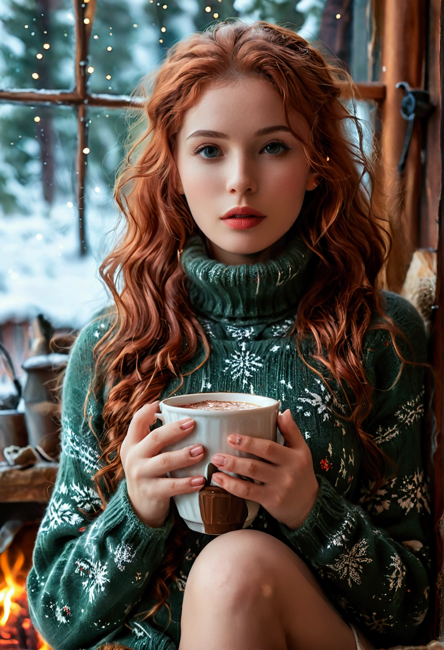 An ultra hot beautiful european woman, age 23, red wavy hair. she's a playmate with natural medium breasts, men magazine model, enjoying a cozy evening at the fireplace in a wooden cabin. She wears a turtleneck winter color wool sweater with cleavage and tight shorts. Trough the window, winter starry night. Northern lights, Perfect anatomy, perfect hair, perfect breast, perfect body, perfect hands, perfect face, UHD, retina, masterpiece, accurate, anatomically correct, textured skin, holding a cup of steaming hot chocolate in her hands, (full body shot:1.1) photorealistic image of a (sitting pose:1.1)