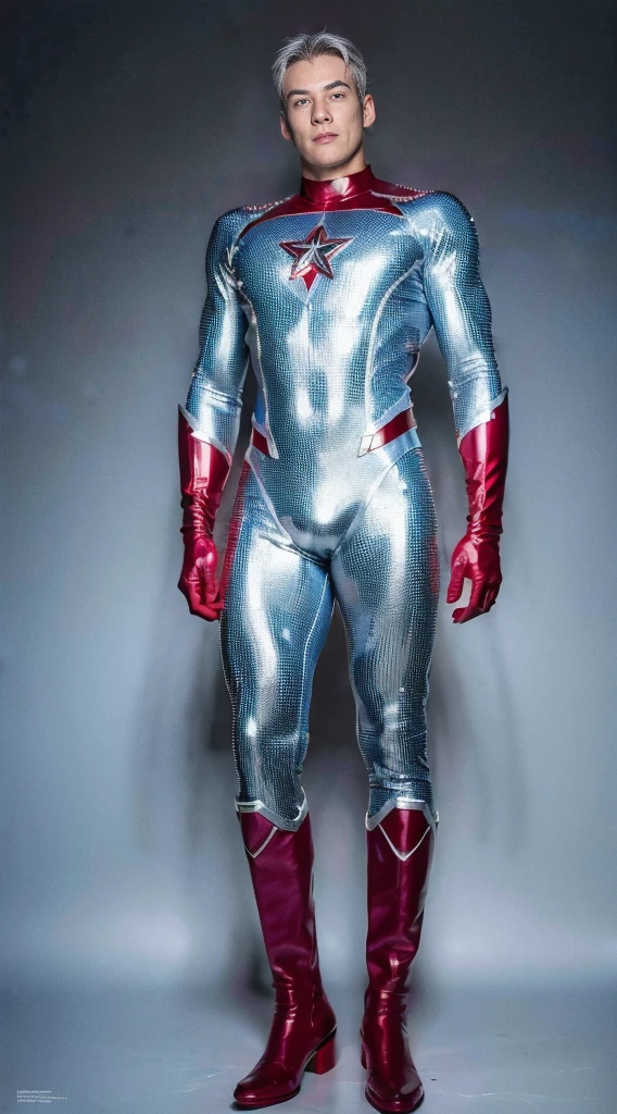 (realistic,hyper-detailed,8k,DC comic superhero,Captain Atom,captainatom),
(silver suit,silversuit),
(red gloves,redgloves),
(red boots,redboots)