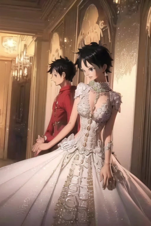 (masterpiece, best quality), beautiful detailed face, monkey_d_luffy, Luffy female, straw hat, scar under eye, genderswap, brown eyes, short black hair, elegant wedding dress, diamond necklace, emerald earrings, in the hall, intricate details, photorealistic, 8k, chiaroscuro lighting, ethereal atmosphere, jewel-toned colors