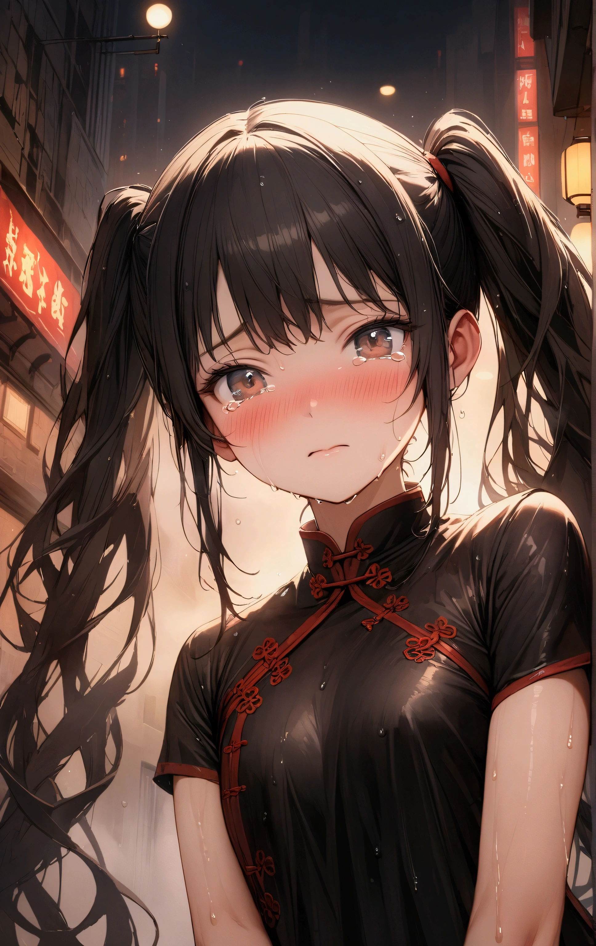 Twin tails、Highly detailed Chinese dress, Looks about , (beautiful girl: 1.3),Highest quality,8k,Highly detailed CG unit wallpaper,masterpiece:1.2,top-quality,Ultra-high resolution,RAW Photos,real texture skin,Cinema Lighting,Embarrassing,blush, vapor,Wet,Sweat,Moist eyes,weak,Huge buildings,metropolis,A girl delivering Chinese food,A girl in tears because her delivery was late,Steam from cooking
