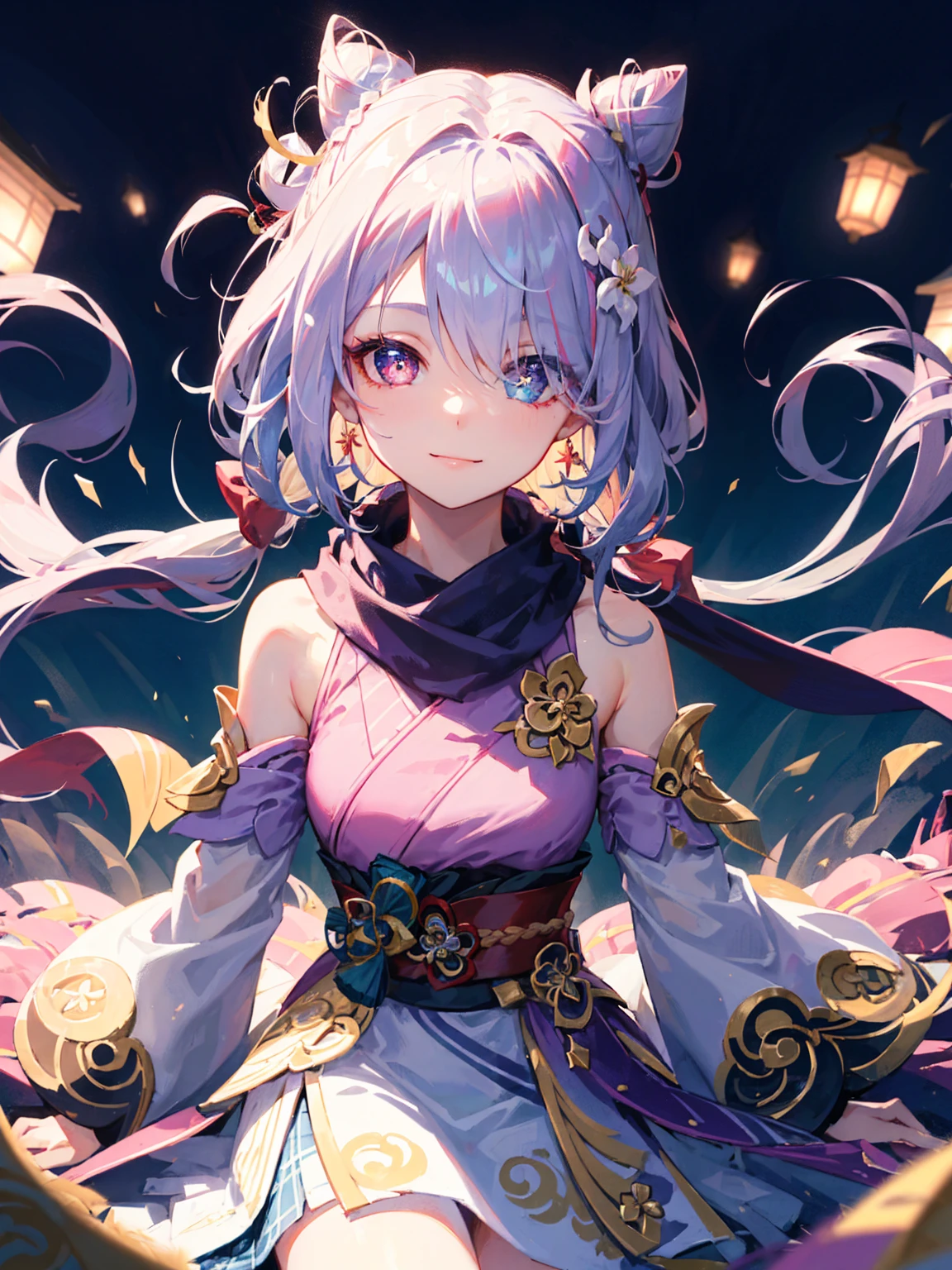 (Realistic painting style:0.9), masterpiece, best quality,  absurdres, looking at viewer, solo, keqing (lantern rite) (genshin impact), keqing (genshin impact), hair bun, skirt, scarf, purple sweater, white skirt, purple hair, sweater, twintails, purple eyes, diamond-shaped pupils, hair ornament, bare shoulders, detailed collarbone, smile, perfect breasts, cone hair bun, long hair, belt, double bun, long sleeves, bangs, bow, hair flower, hair bow,ribbon, hair ribbon, braid, plaid scarf, plaid, off shoulder, detailed iris, sparkle eyes, star in eyes, enchanting purple eyes, (multicolored eyes), (heterochromia) (pink hair:1.3), (floating hair:1.3), (hair between eyes), (hair over one eye:1.1), (wavy hair:1.1)