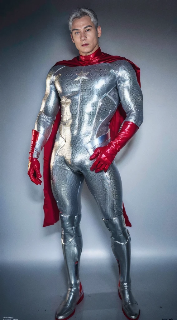 (realistic,hyper-detailed,8k,DC comic superhero,Captain Atom,captainatom),
(silver suit,silversuit),
(red gloves,redgloves),
(red boots,redboots) , 