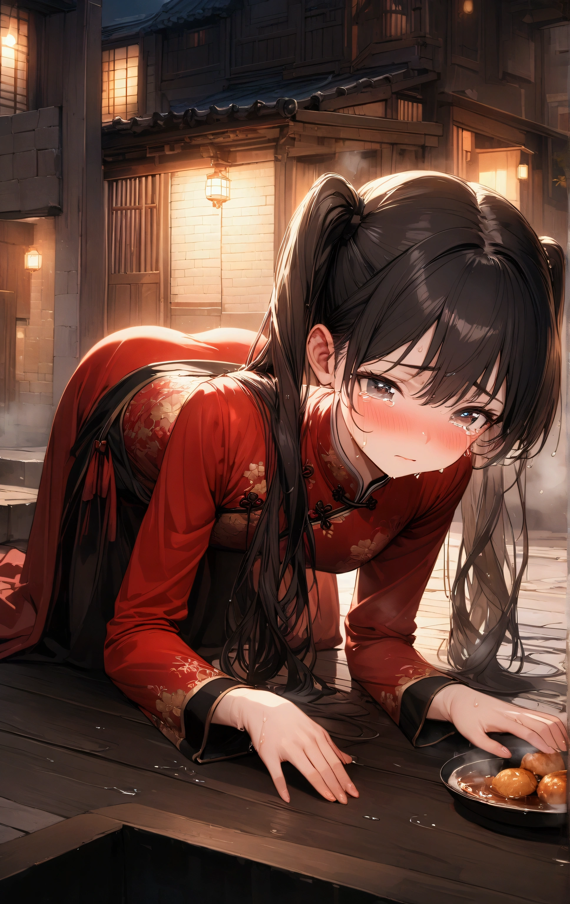 Twin tails、Highly detailed Chinese dress, Looks about 15 years old, (beautiful girl: 1.3),Highest quality,8k,Highly detailed CG unit wallpaper,masterpiece:1.2,top-quality,Ultra-high resolution,RAW Photos,real texture skin,Cinema Lighting,Embarrassing,blush, vapor,Wet,Sweat,Moist eyes,weak,Huge buildings,metropolis,A girl delivering Chinese food,A girl in tears because her delivery was late,Steam from cooking,prostration