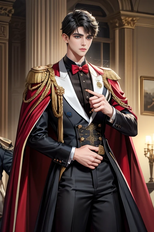 
masterpiece, 最high quality, high quality, 1 boy, alone, Male focus, Watching the audience,  Messy black hair, Adorable big blue eyes, White, Noble, Noble,A sexy, voluminous, puffy cape、tuxedo、A very voluminous, large, very large, very large, long, long red and black cape with a high stand-up collar, made of a lot of fabric that reaches down to the floor., 17 years old,Cute beautiful boys,Cute, cute, kind, handsome guy