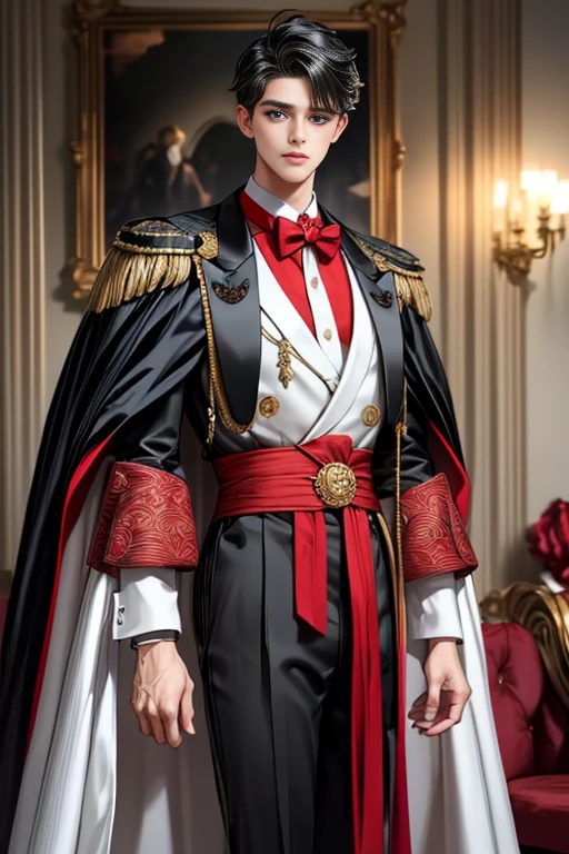 
masterpiece, 最high quality, high quality, 1 boy, alone, Male focus, Watching the audience,  Messy black hair, Adorable big blue eyes, White, Noble, Noble,A sexy, voluminous, puffy cape、tuxedo、A very voluminous, large, very large, very large, long, long red and black cape with a high stand-up collar, made of a lot of fabric that reaches down to the floor., 17 years old,Cute beautiful boys,Cute, cute, kind, handsome guy