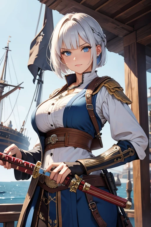 A woman with silver bob hair and blue eyes, extremely detailed and realistic, masterpiece quality, ultra-detailed, HDR, vivid colors, physically-based rendering, pirates, pirates war, on the wooden big ship, ((She is wielding a large saber)), she is a pirates king,
