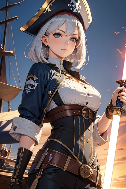 A woman with silver bob hair and blue eyes, extremely detailed and realistic, masterpiece quality, ultra-detailed, HDR, vivid colors, physically-based rendering, pirates, pirates war, on the wooden big ship, ((She is wielding a large saber)), she is a pirates king,