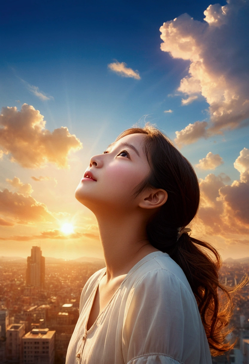 masterpiece、Highest quality、Movie stills、One girl、Cloud Girl、Floating in the sky、Top view Girl is looking up at the sky、shine、happiness、Warm and soft lighting、The Sunset Sun、(spark:0.7) Poster Style have a strong influence