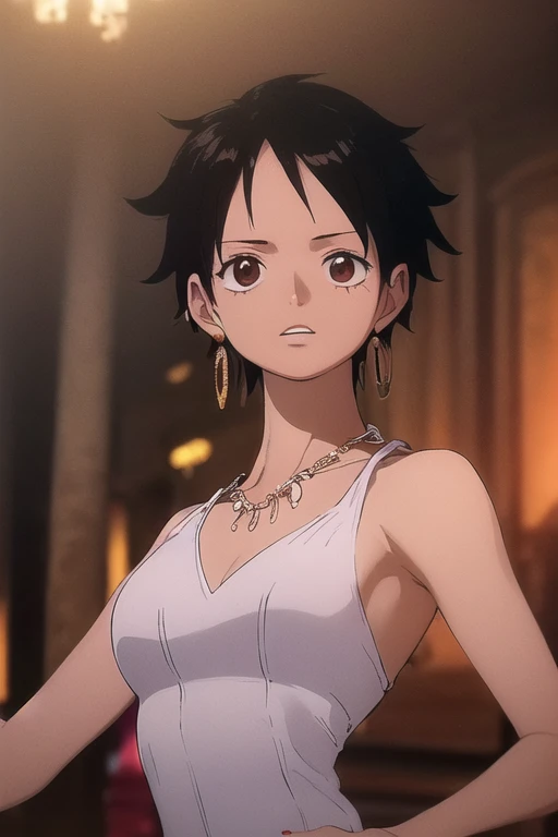 (masterpiece, best quality), beautiful detailed face, monkey_d_luffy, Luffy female, straw hat, scar under eye, genderswap, brown eyes, short black hair, elegant wedding dress, diamond necklace, emerald earrings, in the hall, intricate details, photorealistic, 8k, chiaroscuro lighting, ethereal atmosphere, jewel-toned colors