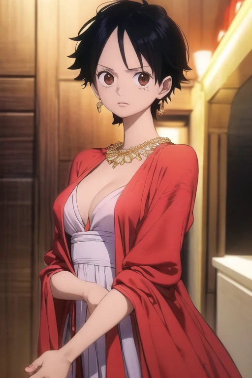 (masterpiece, best quality), beautiful detailed face, monkey_d_luffy, Luffy female, straw hat, scar under eye, genderswap, brown eyes, short black hair, elegant wedding dress, diamond necklace, emerald earrings, in the hall, intricate details, photorealistic, 8k, chiaroscuro lighting, ethereal atmosphere, jewel-toned colors