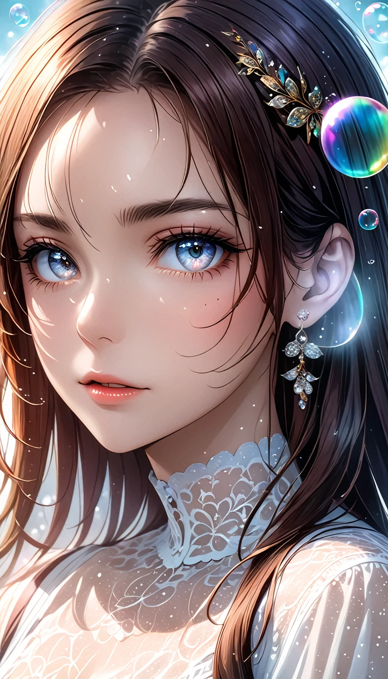 beautiful woman with seductionin her eyes, portrait, shading effects, gradation magic effects, glitter effects, soap bubbles effects, foggy filter effect, (ultra detailed, absolutely resolution, best quality:1.3), 2.5D, delicate and dynamic, artistic photography, hyper realistic, graphic CG digital art, 