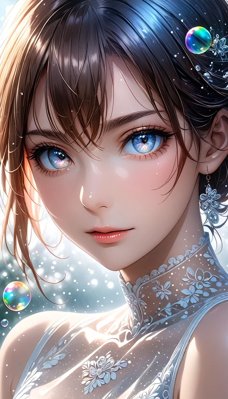 beautiful woman with seductionin her eyes, portrait, shading effects, gradation magic effects, glitter effects, soap bubbles effects, foggy filter effect, (ultra detailed, absolutely resolution, best quality:1.3), 2.5D, delicate and dynamic, artistic photography, hyper realistic, graphic CG digital art, 