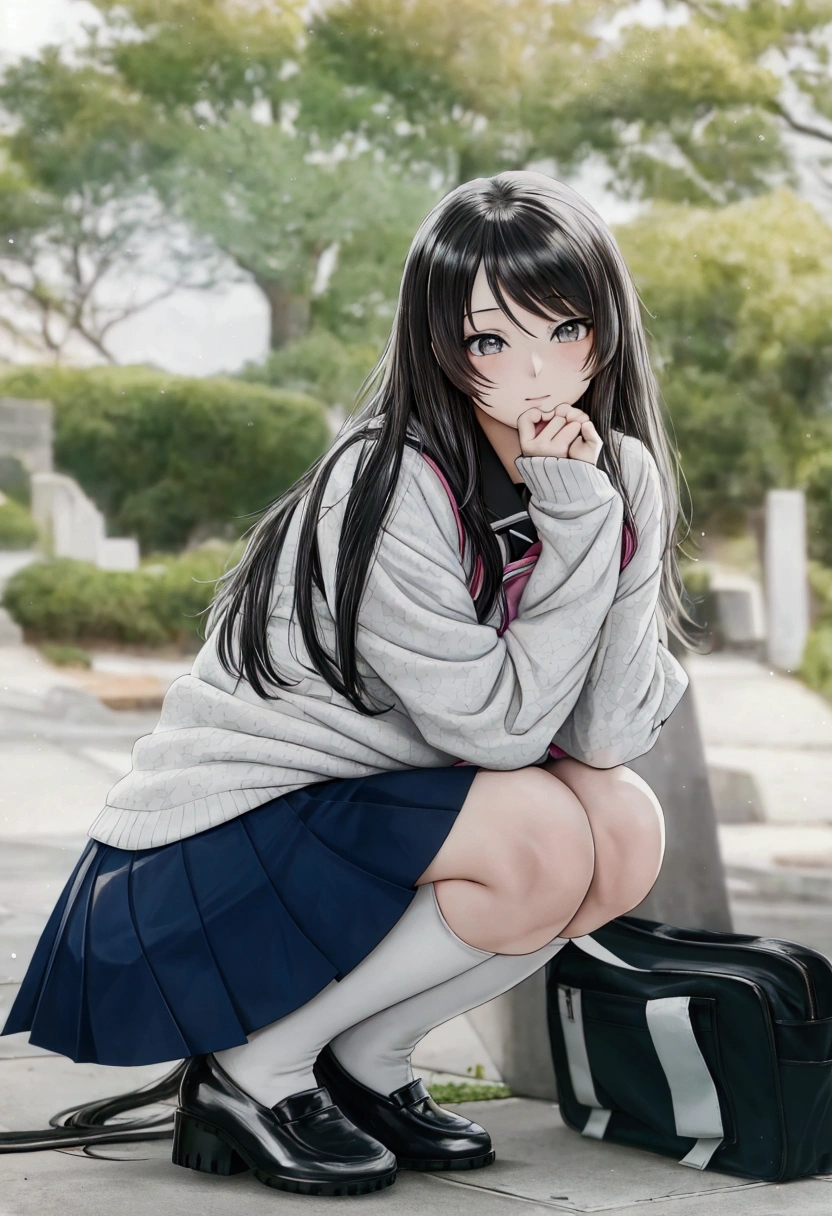 manga style, black and white, there is a woman kneeling on the ground with a backpack, beautiful anime high school girl, attractive anime girl, beautiful anime girl squatting, photorealistic anime, cute anime girl, beautiful anime girl, anime girl, the anime girl is crouching, realistic young anime girl, pretty anime girl, hyperrealistic schoolgirl, a hyperrealistic schoolgirl