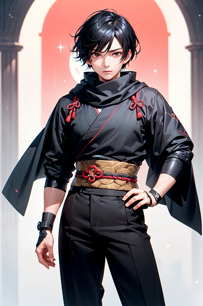 (((masterpiece; best quality: 1.2))), (finely detailed eyes: 1.3), (25 year old man), (solo), (black eyes: 1.4), (body; lean, masculine: 1.3), (very short black hair: 1.3), (beautiful and clear background: 1.2), ((depth of field)), (equipment: black shinobi garb + modest + black kimono + black pants + black scarf + black bracers: 1.3), (anime illustration: 1.2), (background composition; old japanese mansion + night: 1.1), (extremely fine and handsome: 1.1), (shot composition; standing + centered on torso + close-up: 1.5), (expression; calm, stoic: 1.2)