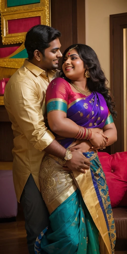 A radiant, full-figured South Indian 25 year old woman wearing a black saree tenderly hugging a jubilant 25-year-old man while in living room, captured in a full-body image with vibrant hues and meticulous details. Belly button visible . Full body image