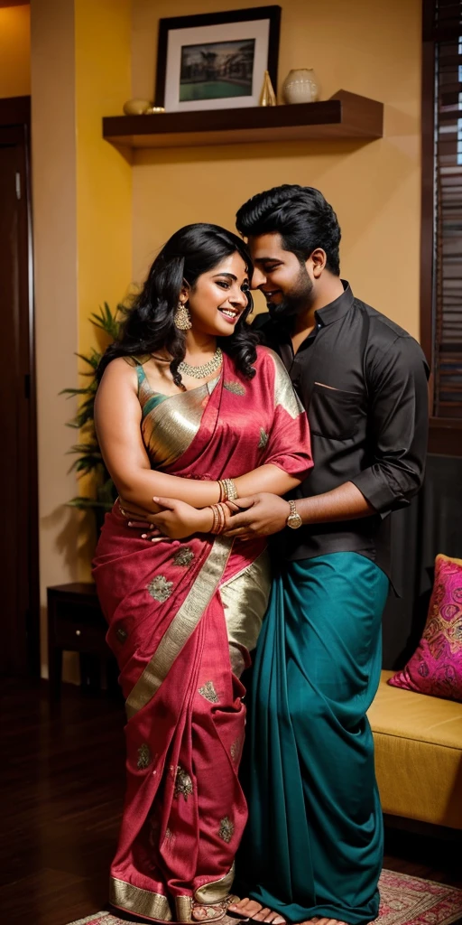 A radiant, full-figured South Indian 25 year old woman wearing a black saree tenderly hugging a jubilant 25-year-old man while in living room, captured in a full-body image with vibrant hues and meticulous details. Belly button visible . Full body image
