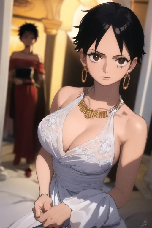 (masterpiece, best quality), beautiful detailed face, monkey_d_luffy, Luffy female, straw hat, scar under eye, genderswap, brown eyes, short black hair, elegant wedding dress, diamond necklace, emerald earrings, in the hall, intricate details, photorealistic, 8k, chiaroscuro lighting, ethereal atmosphere, jewel-toned colors