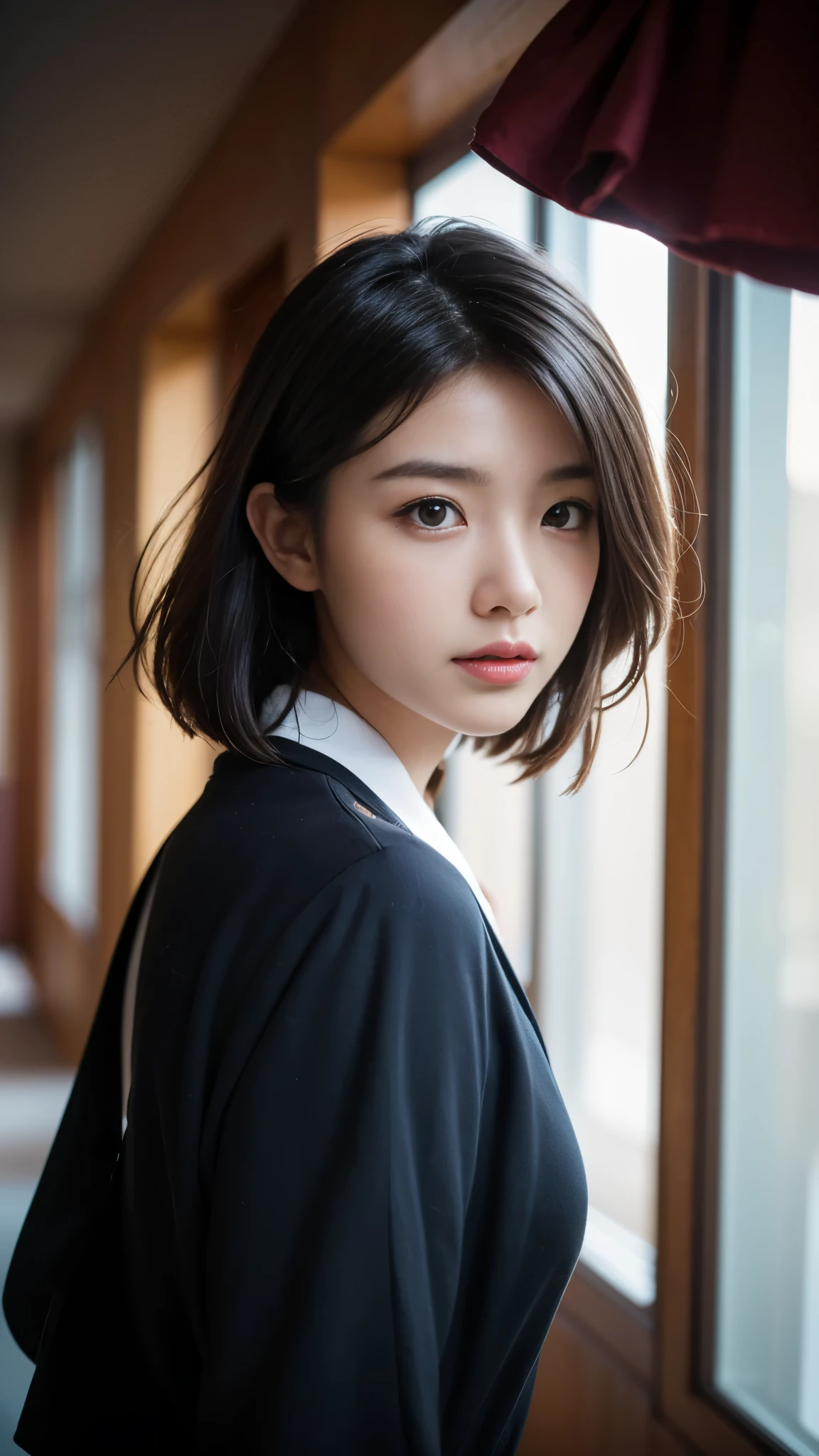 (Top Quality, Masterpiece:1.3, Ultra High Resolution,),(Highly Detailed, Caustics),(Photorealistic:1. 4, RAW Shooting,) Ultra Realistic Capture, High Definition, High Resolution 16K suitable for human skin, Natural Skin Texture, Skin tone looks even and healthy, Use natural light and color, Natural skin tone looks even and healthy Uniform and healthy looking, Using natural light and color, One Woman, Japanese, Cute, Dark hair, Medium hair, (Depth of field, Chromatic aberration, Wide lighting range, Natural shading), (Night hotel hallway lighting: 1. 4), (Hair blowing in wind: 1), Short hair, Outside split edge
