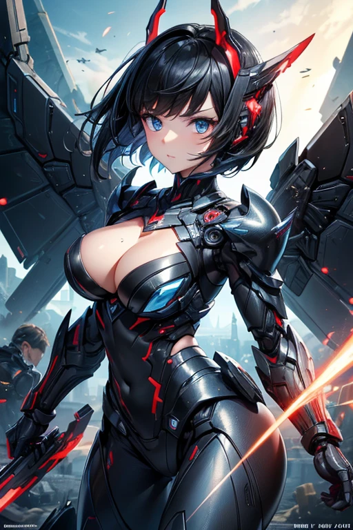 ((Highest quality))、((masterpiece))、(detailed)、((Anatomically correct))、One Woman、aldult、(look at me)、whole body、Angle from the front、(Ultra-glossy skin with attention to detail:1.1)、Glowing Skin、bangs、Short Hair、Beautiful black hair、(Beautiful Eyes:1.3)、Slim figure、medium breasts、Cleavage、Red and black equipment、headgear、Arm Armor、Mechanical wings from the back、Blue core in center of chest、Holding a futuristic gun、Future City、battlefield