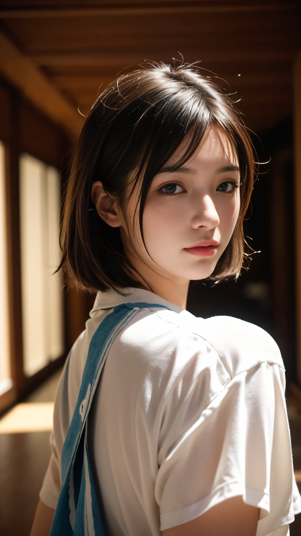 (Top Quality, Masterpiece:1.3, Ultra High Resolution,),(Highly Detailed, Caustics),(Photorealistic:1. 4, RAW Shooting,) Ultra Realistic Capture, High Definition, High Resolution 16K suitable for human skin, Natural Skin Texture, Skin tone looks even and healthy, Use natural light and color, Natural skin tone looks even and healthy Uniform and healthy looking, Using natural light and color, One Woman, Japanese, Cute, Dark hair, Medium hair, (Depth of field, Chromatic aberration, Wide lighting range, Natural shading), (Night hotel hallway lighting: 1. 4), (Hair blowing in wind: 1), Short hair, Outside split edge
