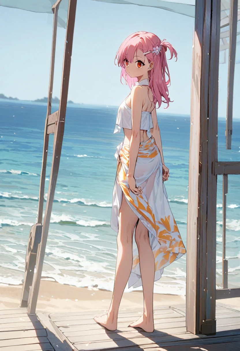 1 girl(white pareo, pink hair, half side up hair, flower hair clip, red eye, barefoot, standing), sea side, 海の家