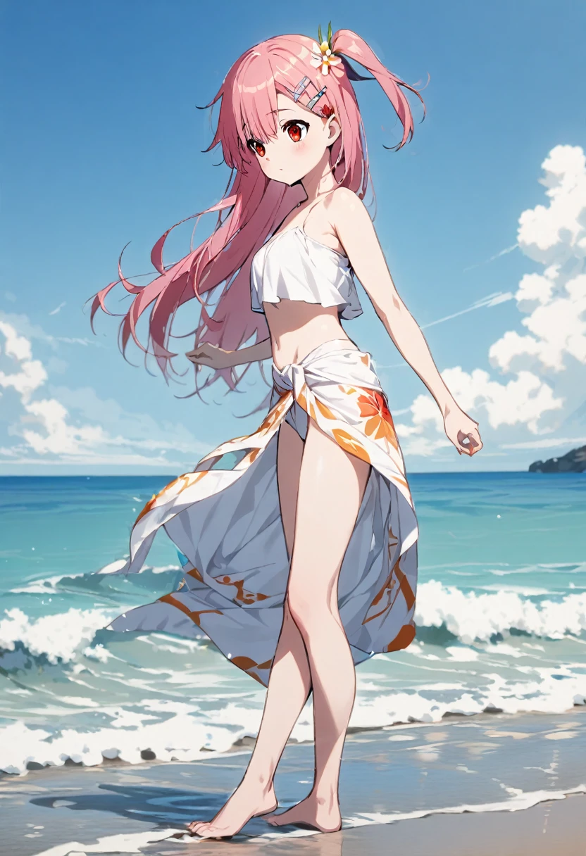 1 girl(white pareo, pink hair, half side up hair, flower hair clip, red eye, barefoot, standing), sea side, 海の家