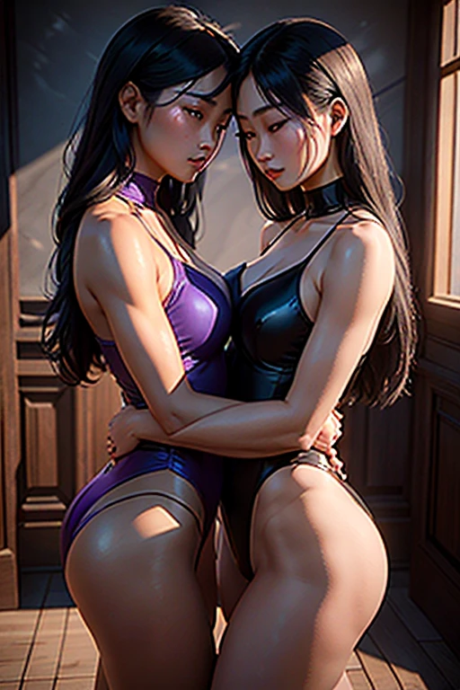 a sensual intimate encounter between two beautiful mongolian girls in dark purple leotards, their bodies intertwined in a passionate embrace, the chiaroscuro lighting casting dramatic shadows and highlights, the warm color palette enhancing the sultry mood, the scene captured in stunning photorealistic 3d rendering with intricate details