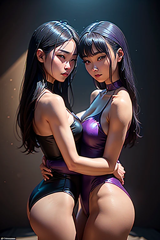a sensual intimate encounter between two beautiful mongolian girls in dark purple leotards, their bodies intertwined in a passionate embrace, the chiaroscuro lighting casting dramatic shadows and highlights, the warm color palette enhancing the sultry mood, the scene captured in stunning photorealistic 3d rendering with intricate details