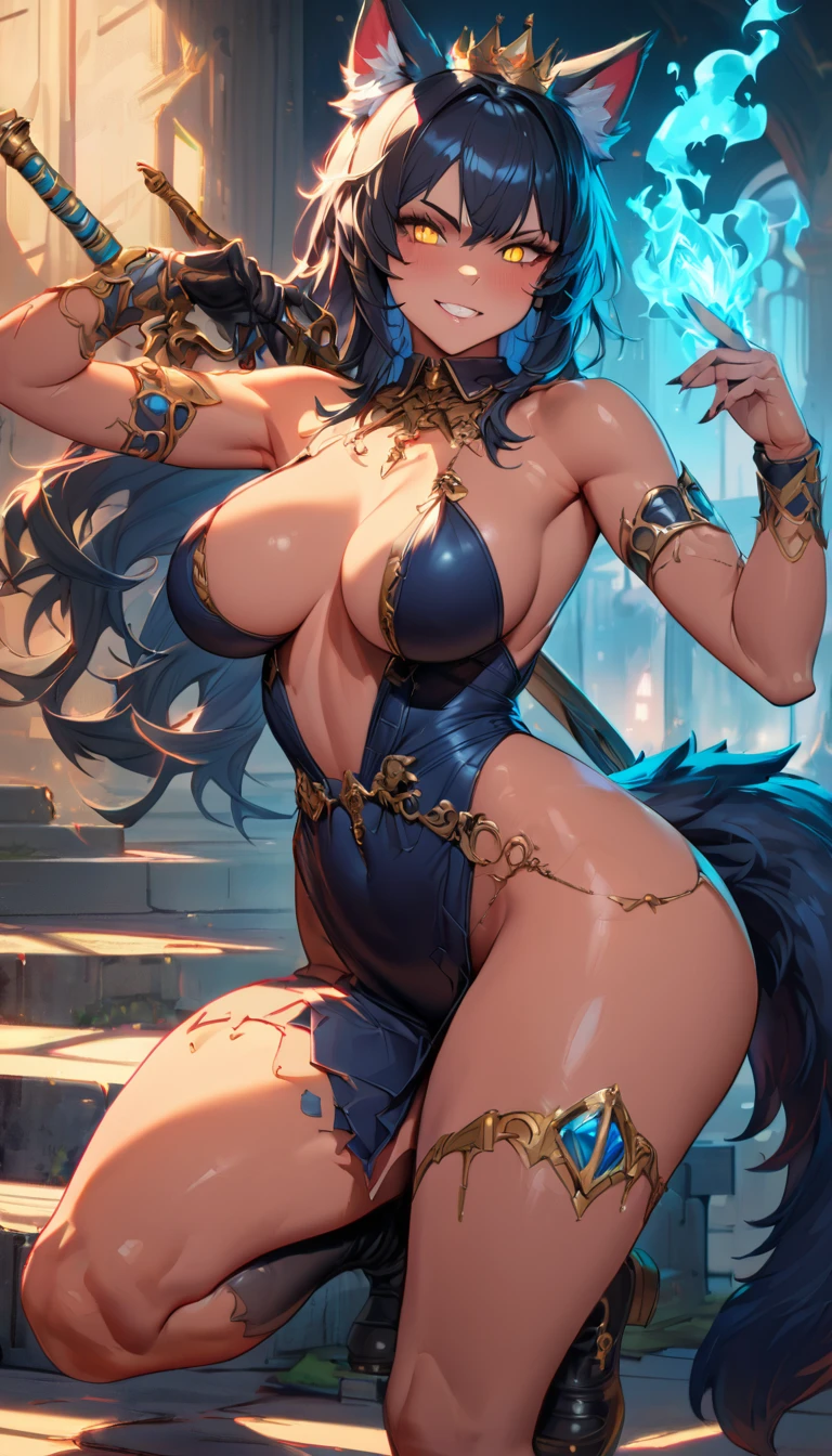 best quality,4k,8k, highres, masterpiece:1.2), ultra-detailed, extremely detailed eyes, extremely detailed body, (large masterpiece digital art), (detailed manga illustration), (detailed line art), ((perfect anatomy)), (intricate details:1.3), (ultra-detailed:1.3), (illustration:1.3), (sharp focus:1.3), (natural lighting:1.05), (vivid colors:1.3), (masterpiece), (best quality:1.4), (perfect anatomy:1.4), high quality, expressive eyes, full body, detailed face, beautiful face, perfect face, 1girl, ((dark skin)), animal ears, black sclera, smile, colored sclera, breasts, solo, monster girl, black hair, (wolf ears), large breasts, curvy, wide hips, long hair, ((gold eyes)), claws, grin, fur, looking at viewer, collar, ((dynamic action pose)), tail, (wolf tail), {(dragon horns)}, demon horns, wings, sadistic smile, hair over eye, {regal outfit}, tiny crown, blue fire, curvy, sexy dress, dark skin, cinematic lighting, dramatic atmosphere, Beautiful woman, dragon spear in hand, Jeff Bridges, ((cartoon style)), Marvel Cinematic Universe style, (((hell castle in the background))), soft bokeh of hellscape, Atey Ghailan, Jeremy Mann, Greg Manchess, Antonio Moro, trend in ArtStation, trend in CGSociety, Intricate, High Detail, Sharp focus, dramatic and photorealistic painting art by Midjourney and Greg Rutkowski,