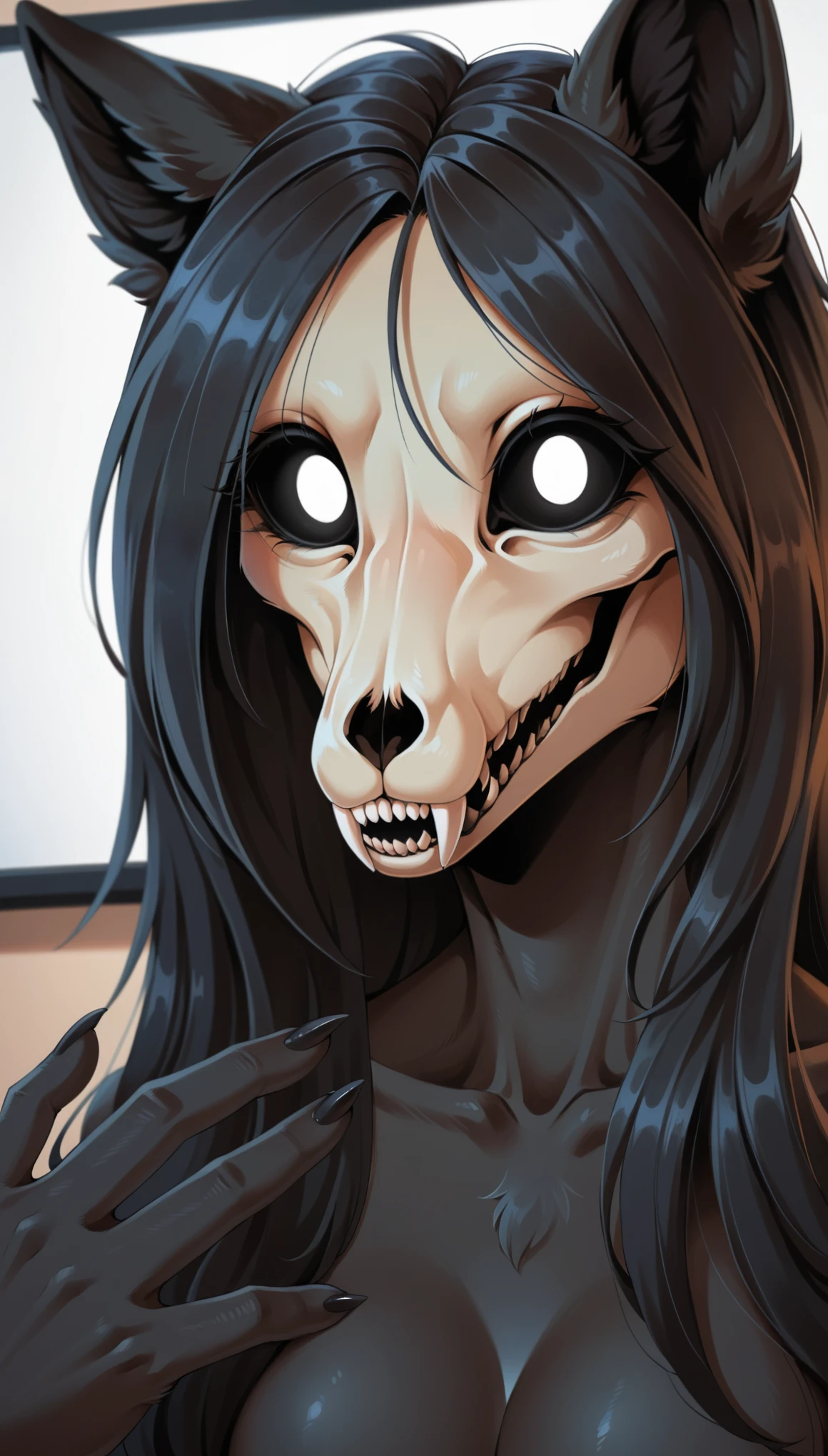 Mammal, Top quality, bold lines, masterpiece, high resolution, 1woman, furry, anthro, close up shot, full body, hi res, absurd res, SCP-1471, MalO, female, MalO body, from LCD Monitor, view finder, athletic, black straight hair, long haircut, black fur, detailed fur, cute hands, detailed hands