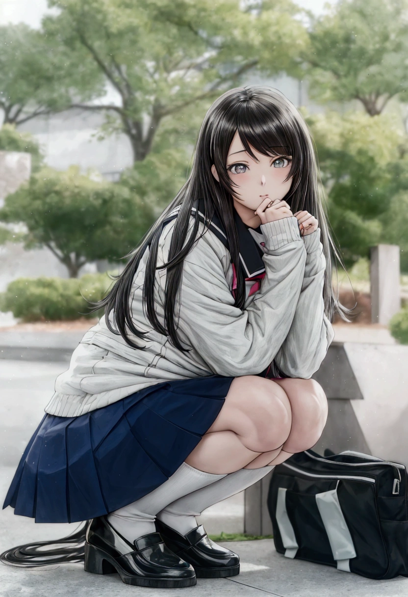 anime style, black and white, there is a woman kneeling on the ground with a backpack, beautiful anime high school girl, attractive anime girl, beautiful anime girl squatting, photorealistic anime, cute anime girl, beautiful anime girl, anime girl, the anime girl is crouching, realistic young anime girl, pretty anime girl, hyperrealistic schoolgirl, a hyperrealistic schoolgirl
