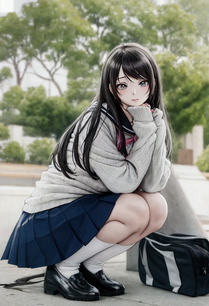 anime style, black and white, there is a woman kneeling on the ground with a backpack, beautiful anime high school girl, attractive anime girl, beautiful anime girl squatting, photorealistic anime, cute anime girl, beautiful anime girl, anime girl, the anime girl is crouching, realistic young anime girl, pretty anime girl, hyperrealistic schoolgirl, a hyperrealistic schoolgirl
