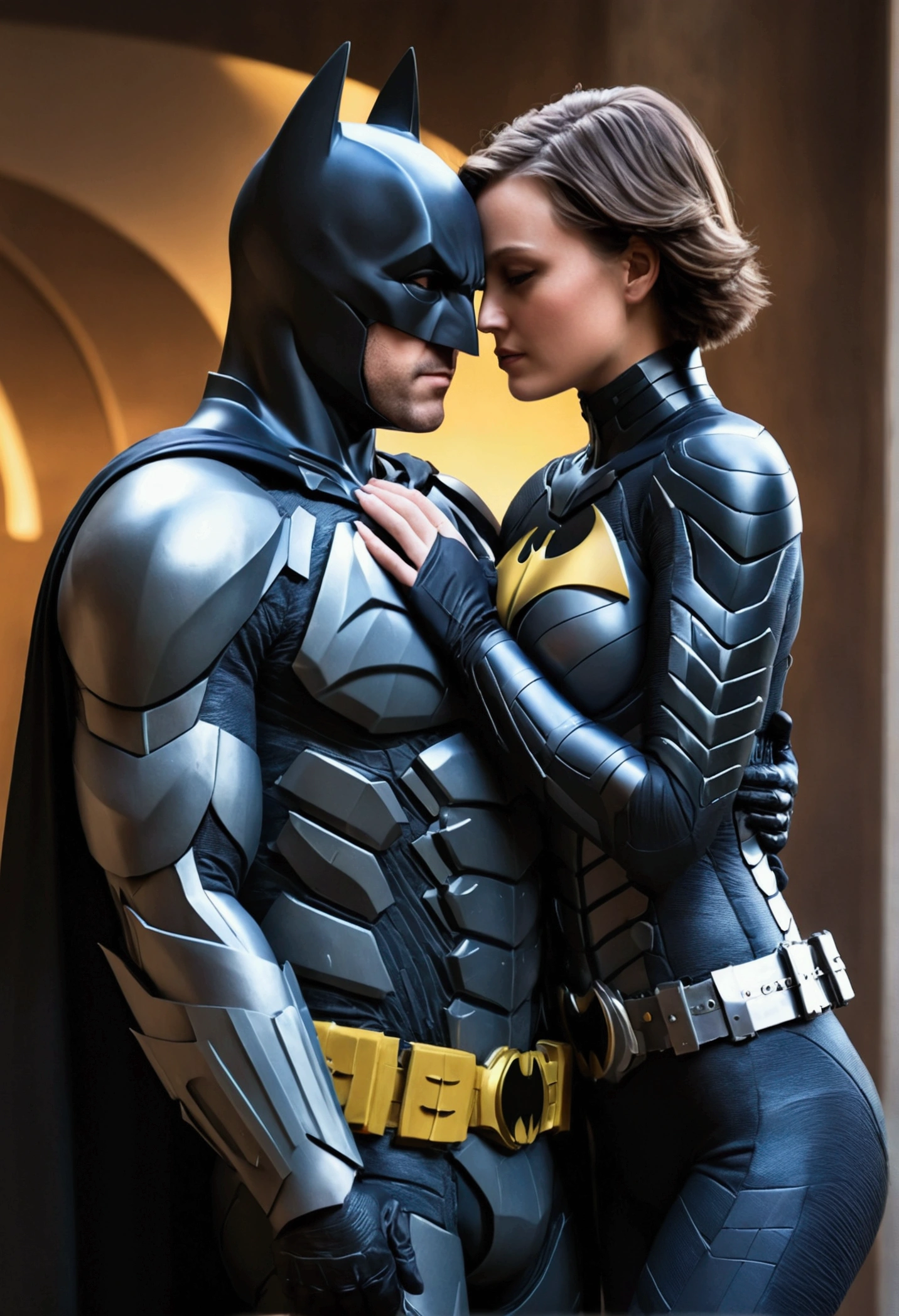 masterpiece, 4k , hyperrealism , superhero batman and sexy batwomen (bobhaircut) hugging, ( futuristic armor suit) ,((perfect body shape))