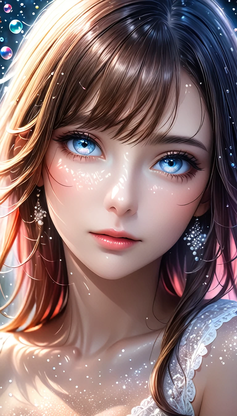 beautiful woman with seductionin her eyes, portrait, shading effects, gradation magic effects, glitter effects, soap bubbles effects, foggy filter effect, (ultra detailed, absolutely resolution, best quality:1.3), 2.5D, delicate and dynamic, artistic photography, hyper realistic, graphic CG digital art, 