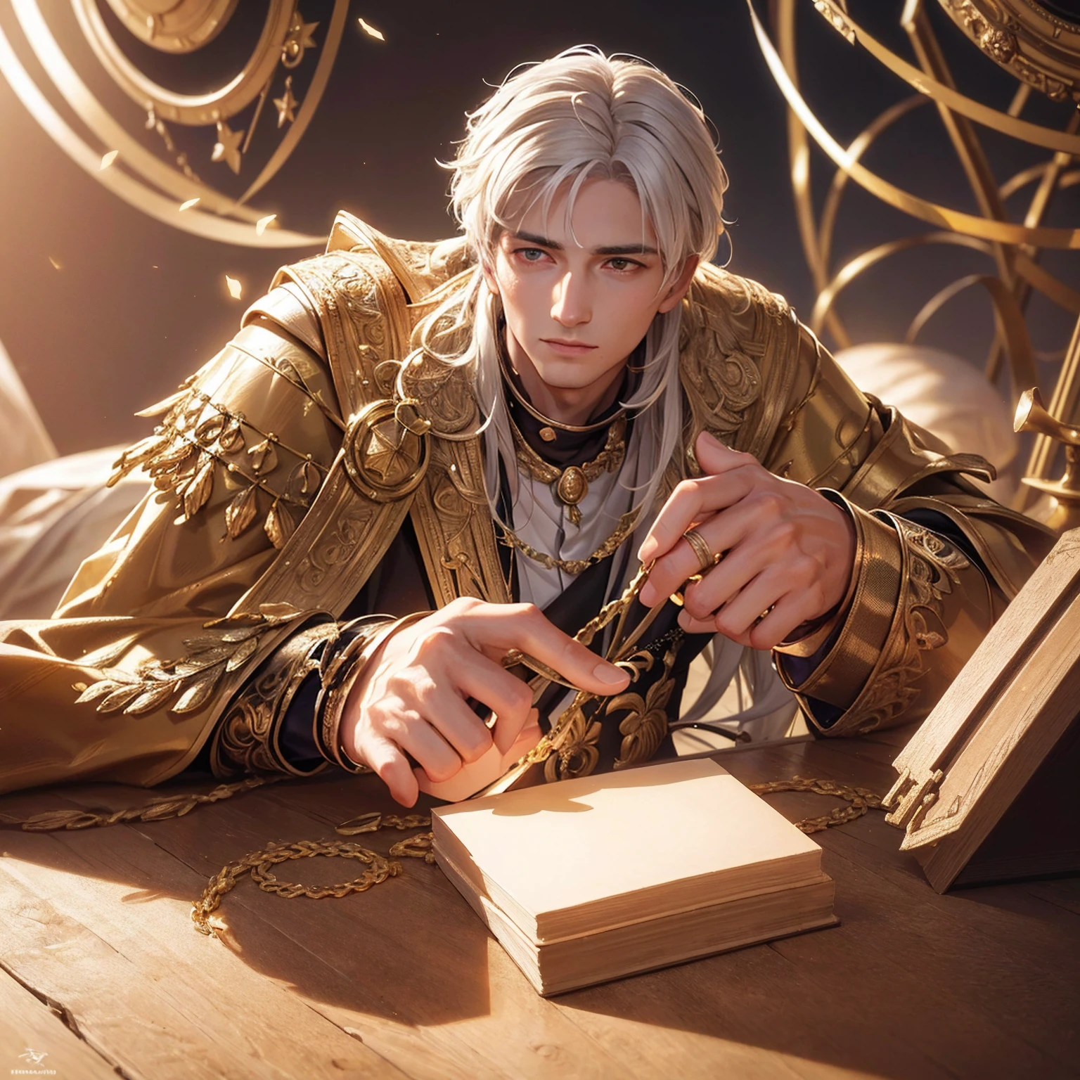 a resurrected figure of Roman Emperor Constantine I, modern man in his 20s, hard-working talented businessman, soft warm colored hair, lively gentle smile, (best quality,4k,8k,highres,masterpiece:1.2),ultra-detailed,(realistic,photorealistic,photo-realistic:1.37),highly detailed face,extremely detailed eyes and face,longeyelashes,sharp focus,physically-based rendering,vivid colors,elegant,cinematic lighting,dramatic,dynamic-pose