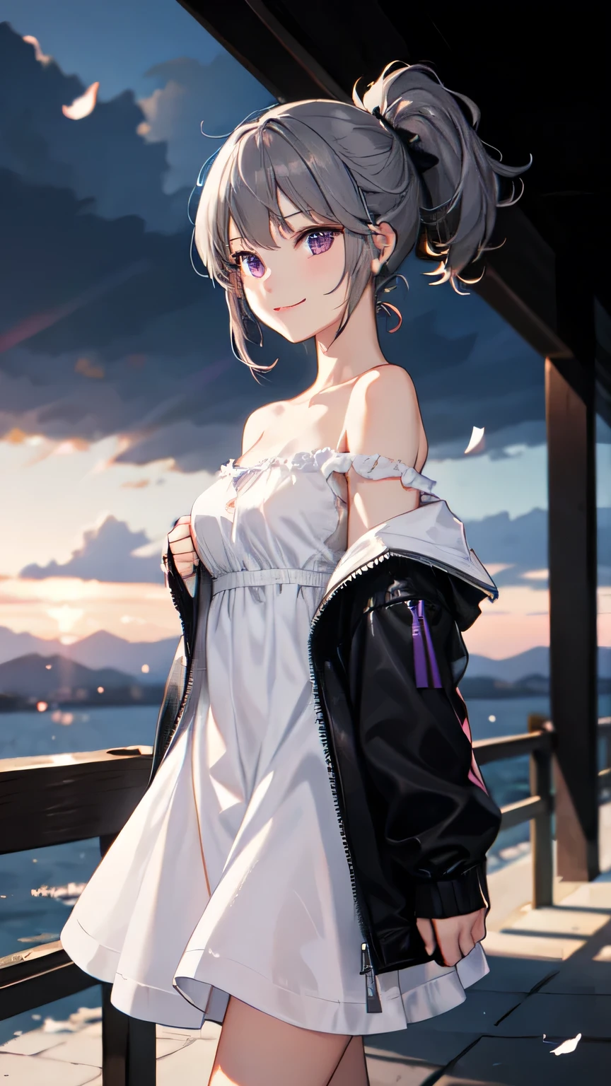 One girl, White off-the-shoulder dress,ponytail ,Gray Hair, Purple eyes,smile, landscape, Depth of written boundary, evening, Particles of light, light, Side light, Open jacket, cloud