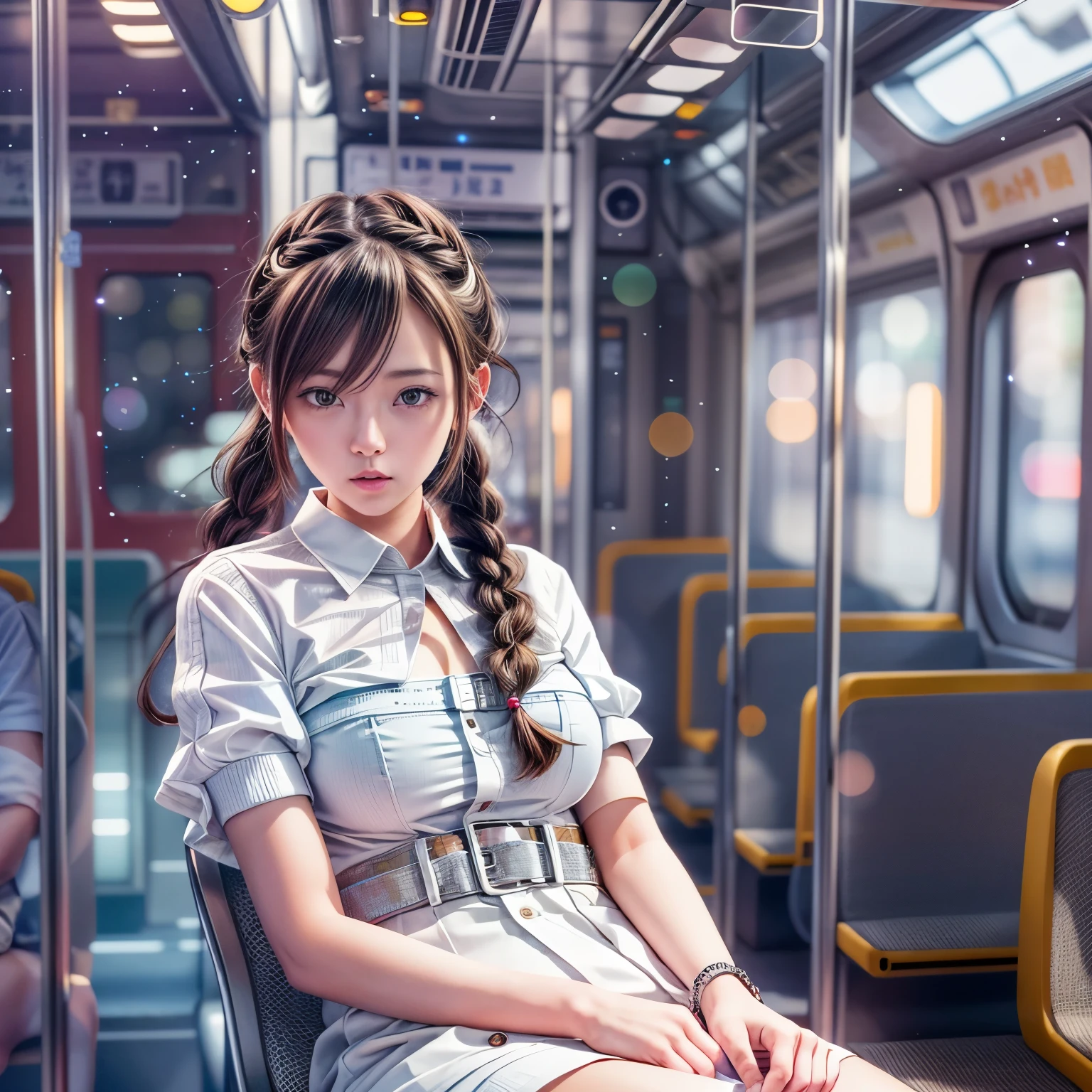 (((Misako Renbutsu)))Beautiful Young Female with ((Twin Braids) covering Bust), ((Flashing restrained chest with beltbra)) on ((Dusk Train)), (extremely delicate and beautiful) Detailed Closing Texture, Professional portrait of SemiNude photography, (((beltbra:1.37, shirtlift White T-shirt dress)White SkinnyShorts)Navel), (sitting_chair) ((lean forward)) {Knee Up}, (Motion blurred window){(Tyndall effect)|lens flare|Haze|bokeh} ZoomLayer (Oodles Blurred Colorful Lights (Starry particles)), (TopQuality Masterpiece of 8K Ultra-detailed DigitalPainting), ((Clearly Visible the shape of Crotch)), (extra leg:-1)(nipple:-1)