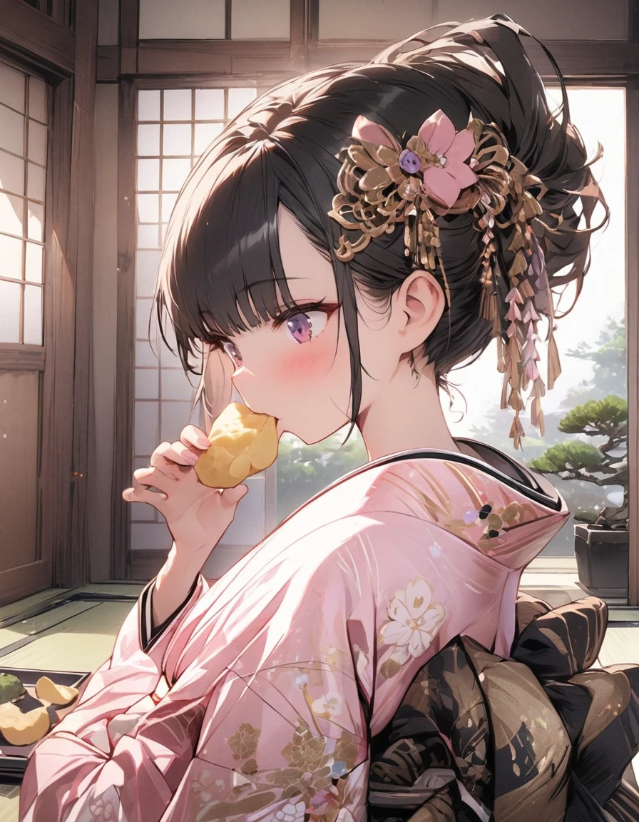 Masterpiece, one girl,((( eating potato chips))), luxurious kimono, tied hair, beautiful hair ornament, Japanese room, tatami, bonsai,Upper body
