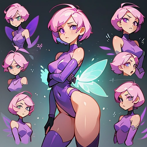 A girl with an angular face and violet eyes, a concentrated and analytical expression.
Short pink hair, styled in a modern and practical cut.
Body with a slim With wide hourglass-shaped hips and a small bust and athletic figure. Light skin. Reflects precision and efficiency.
Dressed in purple and green erotic Underwear and with fairy wings With phosphor green technology elements
(((Character sheet))) (various views) ((front and back) (face detail)