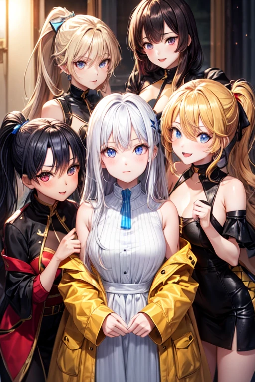long white hair girl with red eyes, long yellow hair girl with golden eyes, black
long ponytail girl with blue eyes, long brown hair girl with orange eyes, yellow long ponytail girl with red eyes, 5 girl